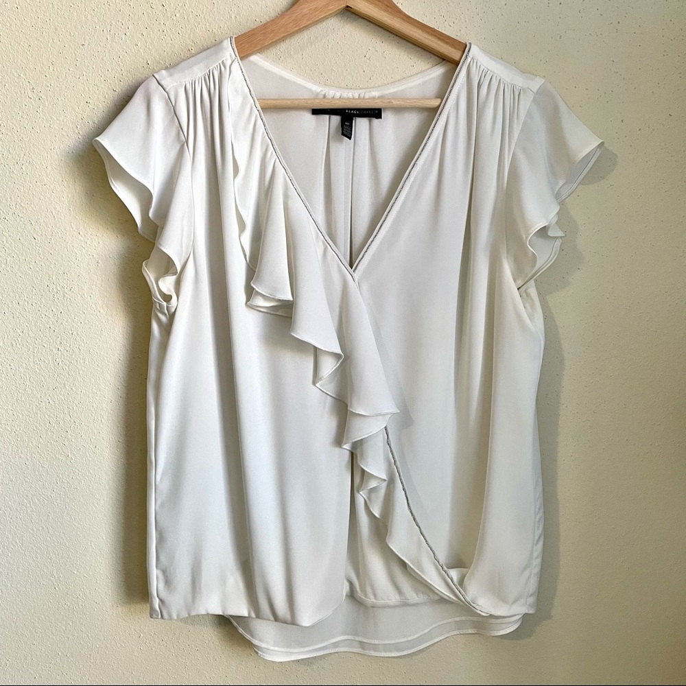 WHBM Short Sleeve Asymmetrical Beaded Ruffle Blouse